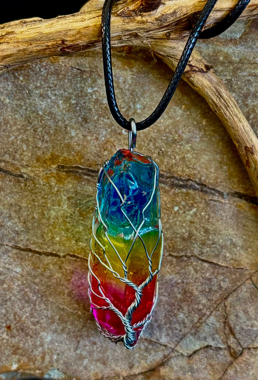 Rainbow Chakra Tree of Life Necklace – Glass Pendant | Leather Cord | Copper or Silver Wire Wrap