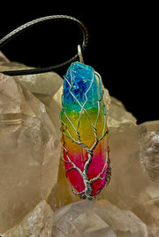 Rainbow Chakra Tree of Life Necklace – Glass Pendant | Leather Cord | Copper or Silver Wire Wrap
