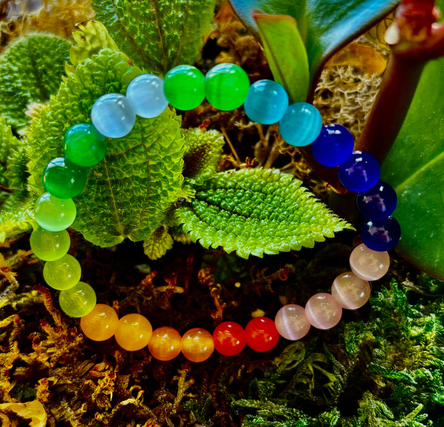 Rainbow Cat’s Eye Beaded Bracelet – Chakra Inspired Multicolor Bracelet | Pride Energy Jewelry