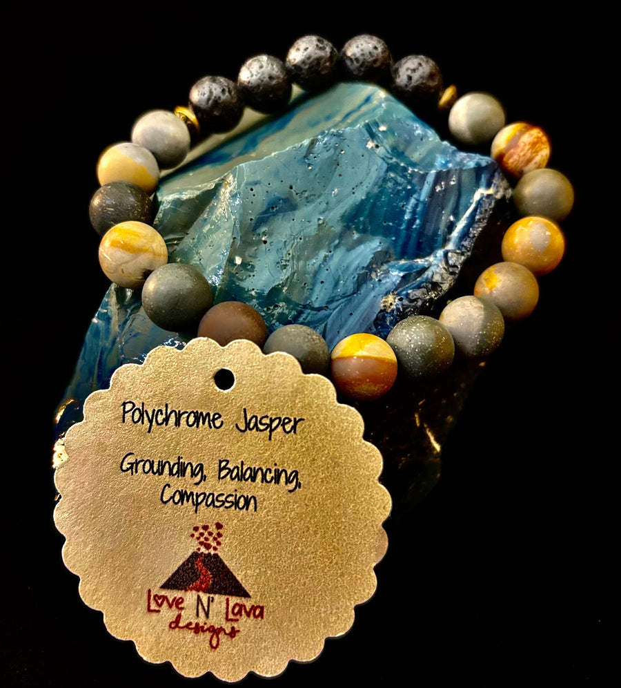 Polychrome Jasper & Lava Stone Essential Oil Diffuser Bracelet – 10mm Natural Stone | Aromatherapy Bracelet with Eucalyptus Oil