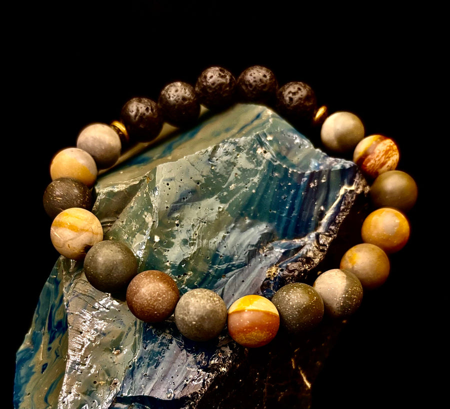 Polychrome Jasper & Lava Stone Essential Oil Diffuser Bracelet – 10mm Natural Stone | Aromatherapy Bracelet with Eucalyptus Oil
