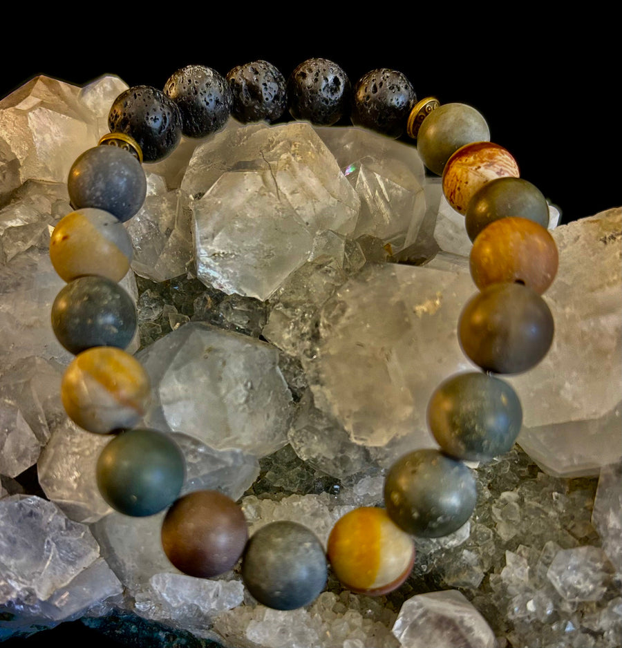 Polychrome Jasper & Lava Stone Essential Oil Diffuser Bracelet – 10mm Natural Stone | Aromatherapy Bracelet with Eucalyptus Oil