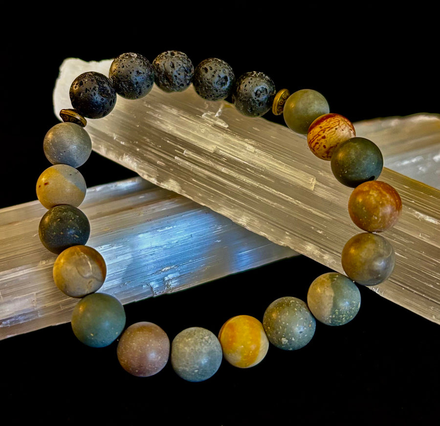 Polychrome Jasper & Lava Stone Essential Oil Diffuser Bracelet – 10mm Natural Stone | Aromatherapy Bracelet with Eucalyptus Oil