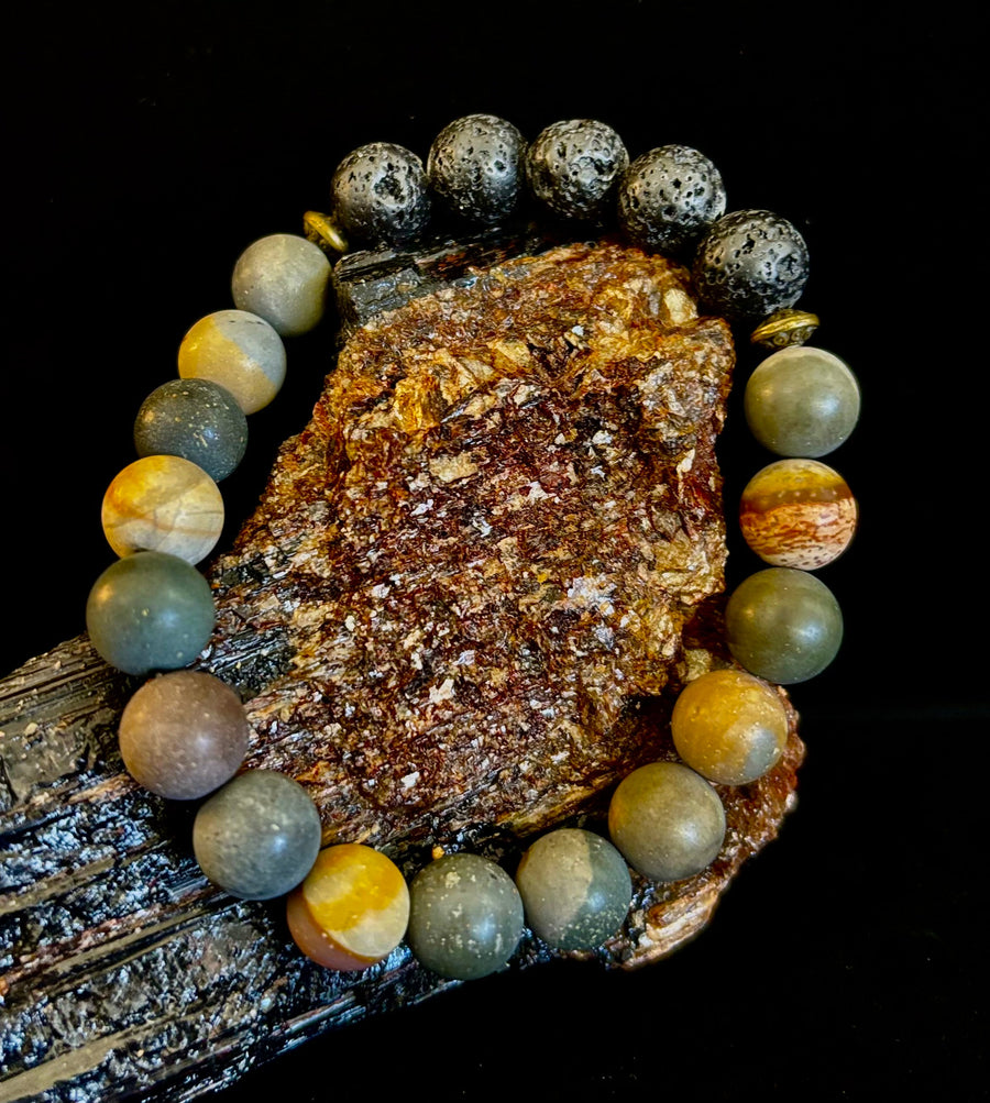 Polychrome Jasper & Lava Stone Essential Oil Diffuser Bracelet – 10mm Natural Stone | Aromatherapy Bracelet with Eucalyptus Oil