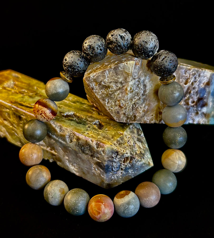 Polychrome Jasper & Lava Stone Essential Oil Diffuser Bracelet – 10mm Natural Stone | Aromatherapy Bracelet with Eucalyptus Oil