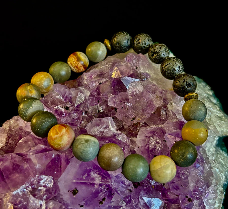 Polychrome Jasper & Lava Stone Essential Oil Diffuser Bracelet – 10mm Natural Stone | Aromatherapy Bracelet with Eucalyptus Oil