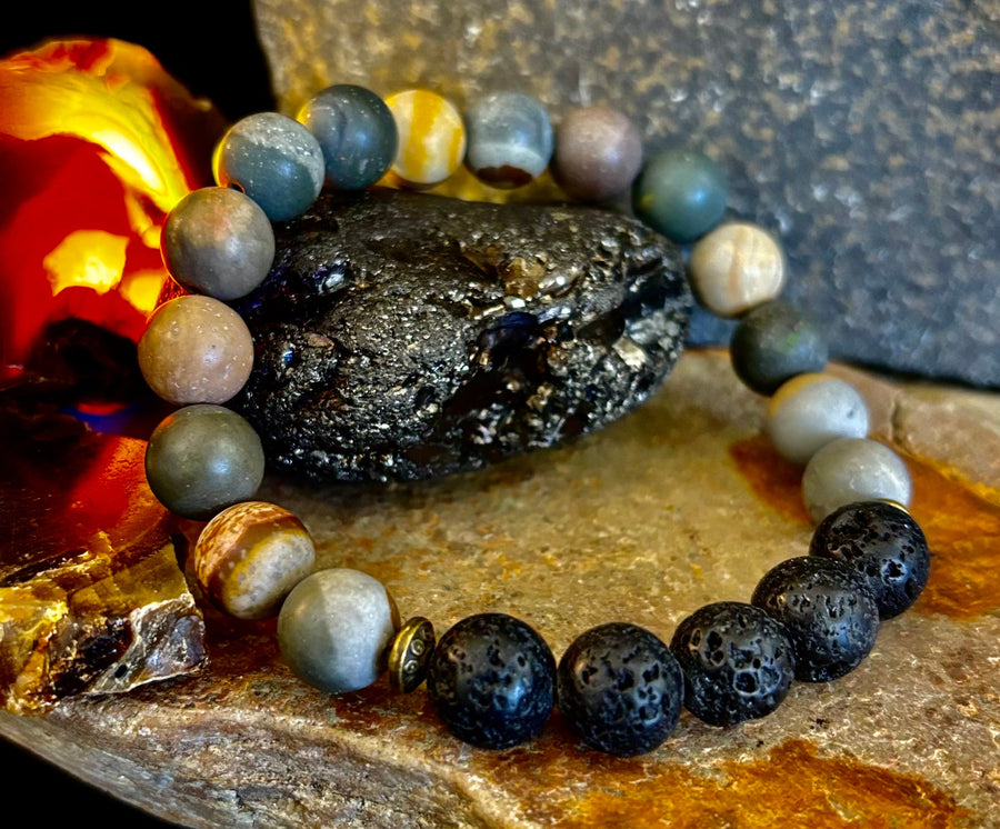 Polychrome Jasper & Lava Stone Essential Oil Diffuser Bracelet – 10mm Natural Stone | Aromatherapy Bracelet with Eucalyptus Oil