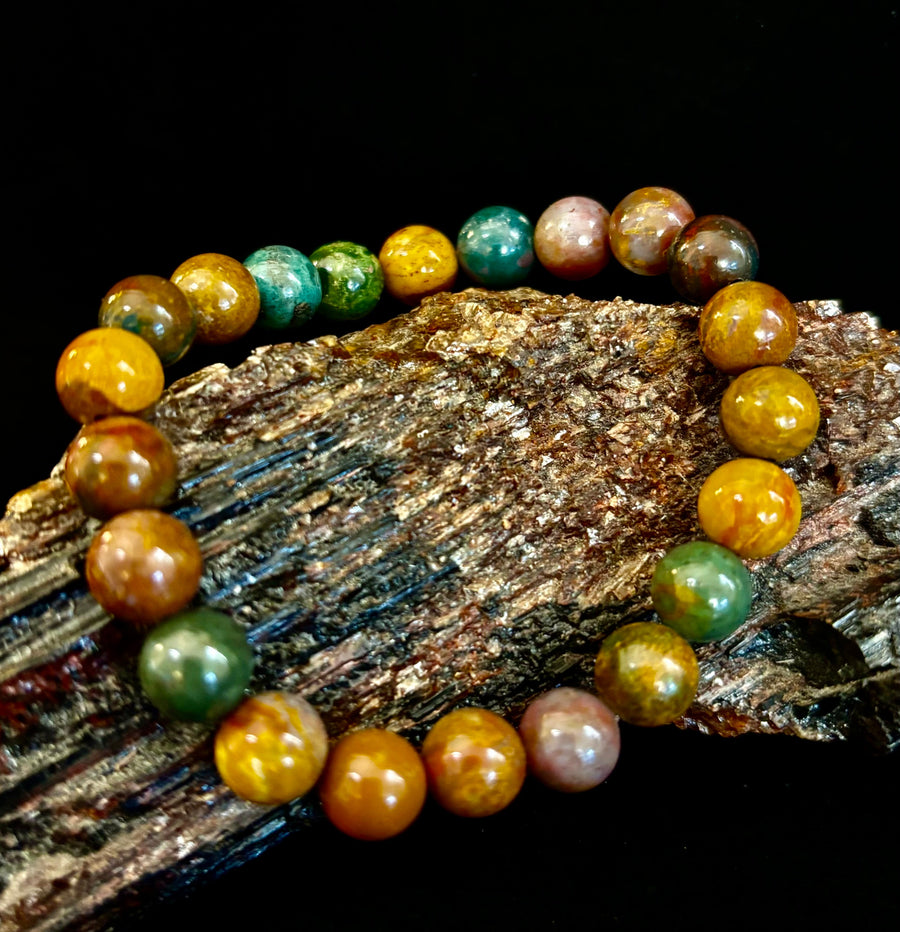 Ocean Jasper Bracelet – 8mm Natural Stone Beads | Medium Wrist Fit | Healing Crystal Jewelry for Joy & Balance