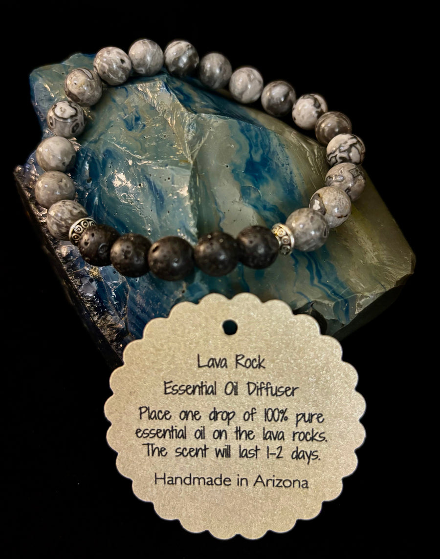 Gray Map Jasper & Lava Stone Bracelet – 8mm Natural Stone Beads | Unisex Stretch Bracelet | Grounding & Diffuser Jewelry