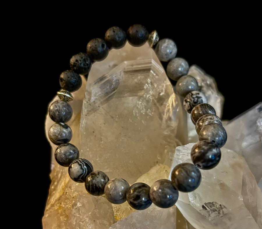 Gray Map Jasper & Lava Stone Bracelet – 8mm Natural Stone Beads | Unisex Stretch Bracelet | Grounding & Diffuser Jewelry