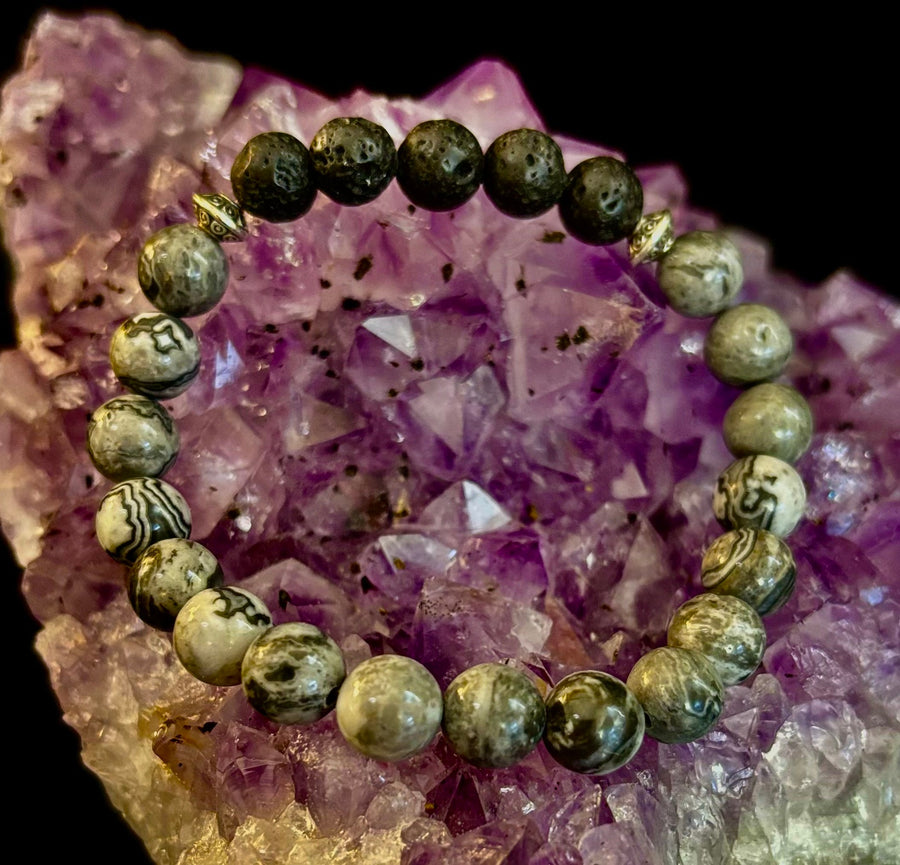 Gray Map Jasper & Lava Stone Bracelet – 8mm Natural Stone Beads | Unisex Stretch Bracelet | Grounding & Diffuser Jewelry