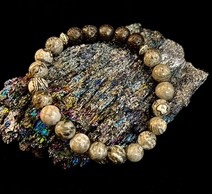 Gray Map Jasper & Lava Stone Bracelet – 8mm Natural Stone Beads | Unisex Stretch Bracelet | Grounding & Diffuser Jewelry