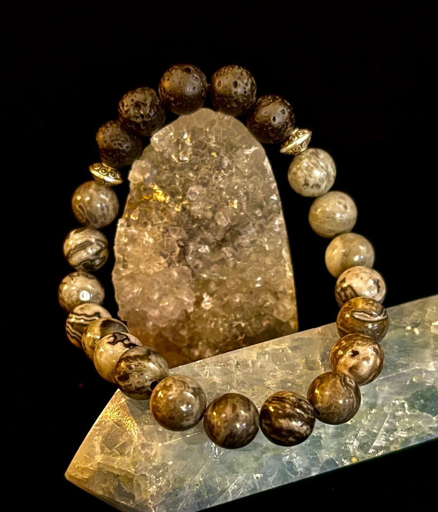Gray Map Jasper & Lava Stone Bracelet – 8mm Natural Stone Beads | Unisex Stretch Bracelet | Grounding & Diffuser Jewelry