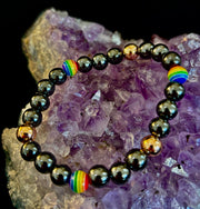 LGBTQ+ Pride Black Stone Beaded Bracelet – For Every Identity | 8mm Rainbow Stripe Beads | Gold or Rose Gold Accent Bracelet