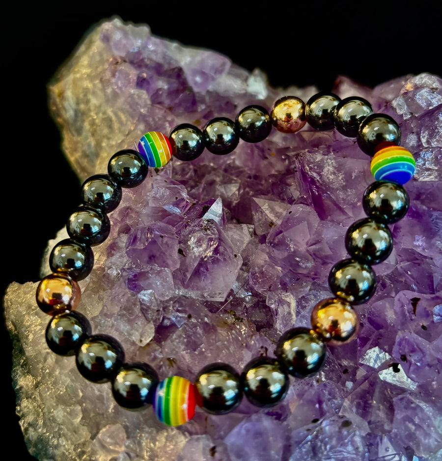 LGBTQ+ Pride Black Stone Beaded Bracelet – For Every Identity | 8mm Rainbow Stripe Beads | Gold or Rose Gold Accent Bracelet