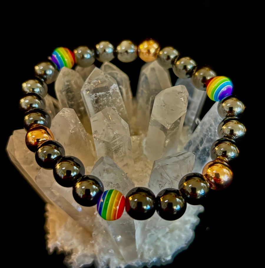 LGBTQ+ Pride Black Stone Beaded Bracelet – For Every Identity | 8mm Rainbow Stripe Beads | Gold or Rose Gold Accent Bracelet