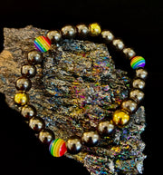 LGBTQ+ Pride Black Stone Beaded Bracelet – For Every Identity | 8mm Rainbow Stripe Beads | Gold or Rose Gold Accent Bracelet