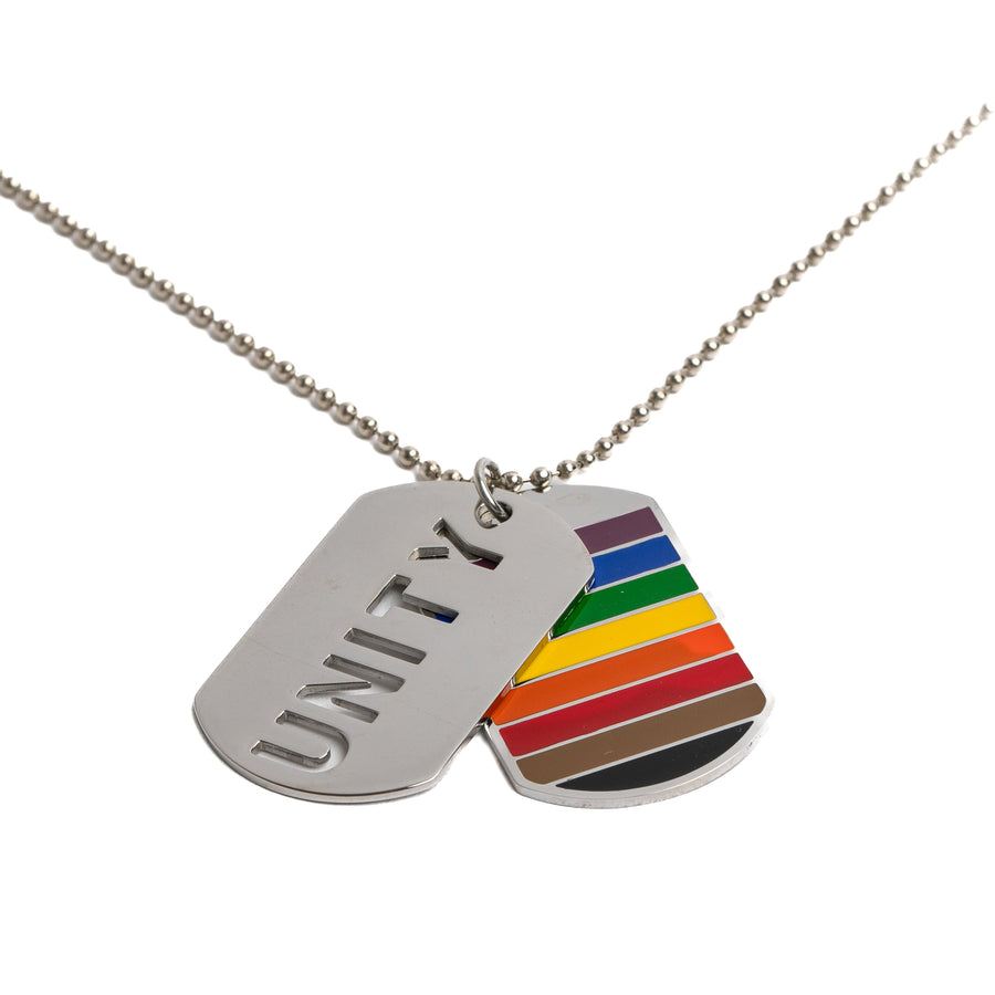 Unity Pride double dog tag necklace with "PRIDE" cutout in Philadelphia Pride flag colors on a stainless steel ball chain — Outer Peace Gear