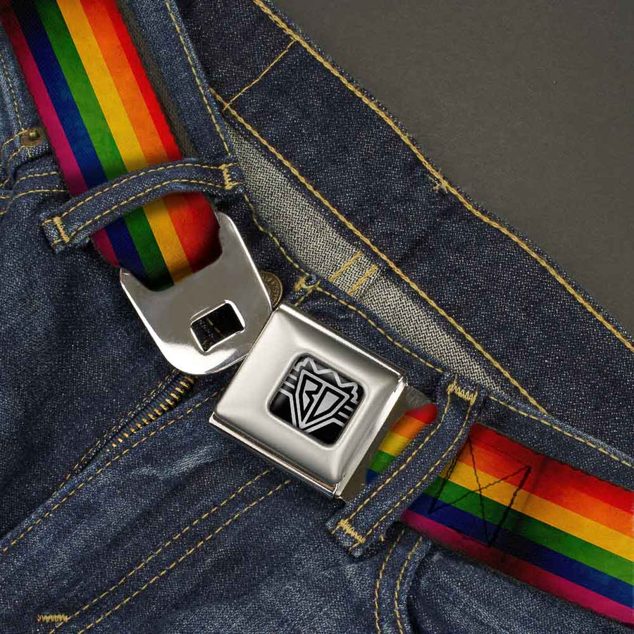 BD Wings Logo CLOSE-UP Full Color Black Silver Seatbelt Belt - Flag Pride Distressed Rainbow Webbing