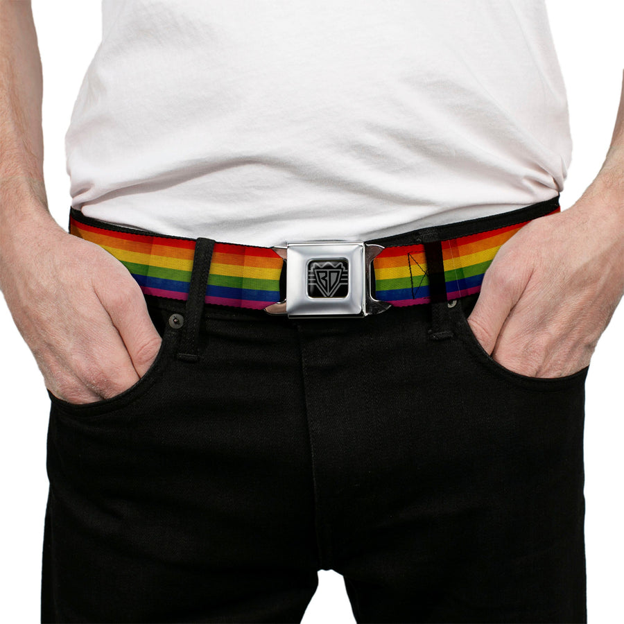 BD Wings Logo CLOSE-UP Full Color Black Silver Seatbelt Belt - Flag Pride Distressed Rainbow Webbing