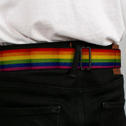 BD Wings Logo CLOSE-UP Full Color Black Silver Seatbelt Belt - Flag Pride Distressed Rainbow Webbing