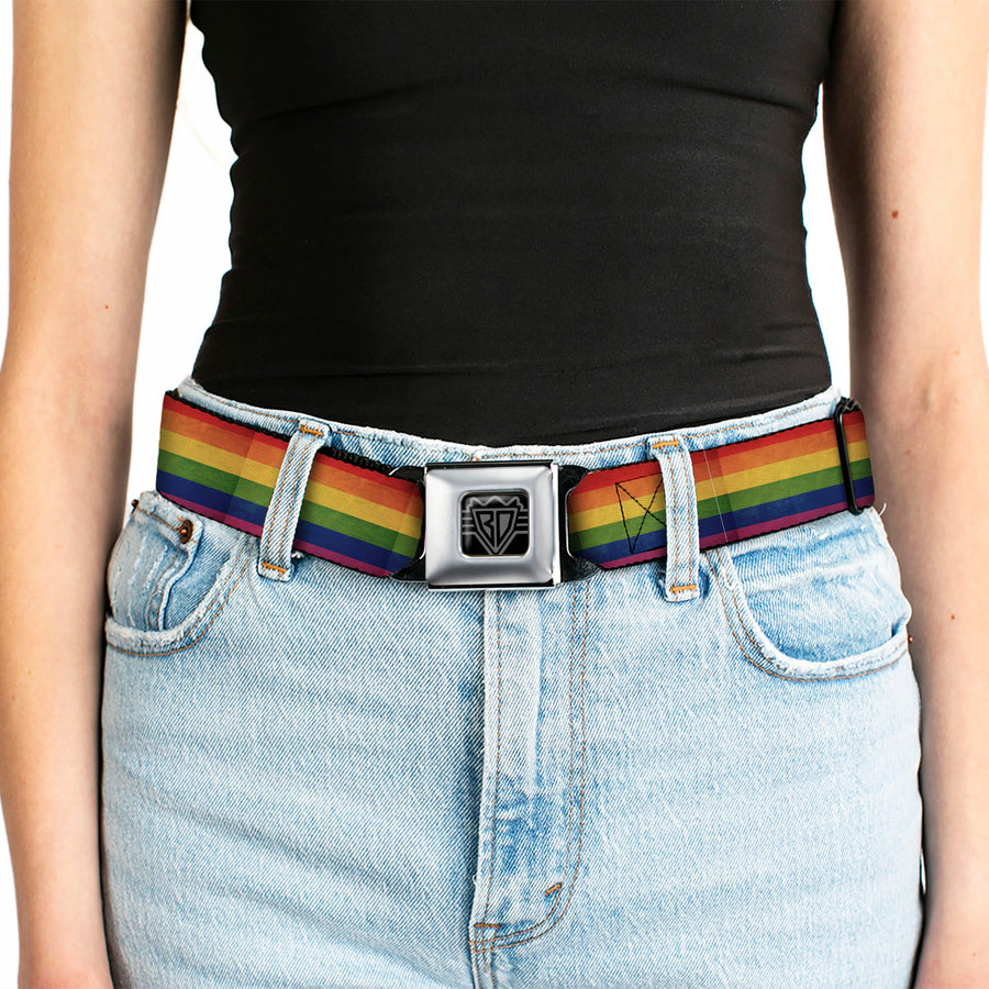 BD Wings Logo CLOSE-UP Full Color Black Silver Seatbelt Belt - Flag Pride Distressed Rainbow Webbing