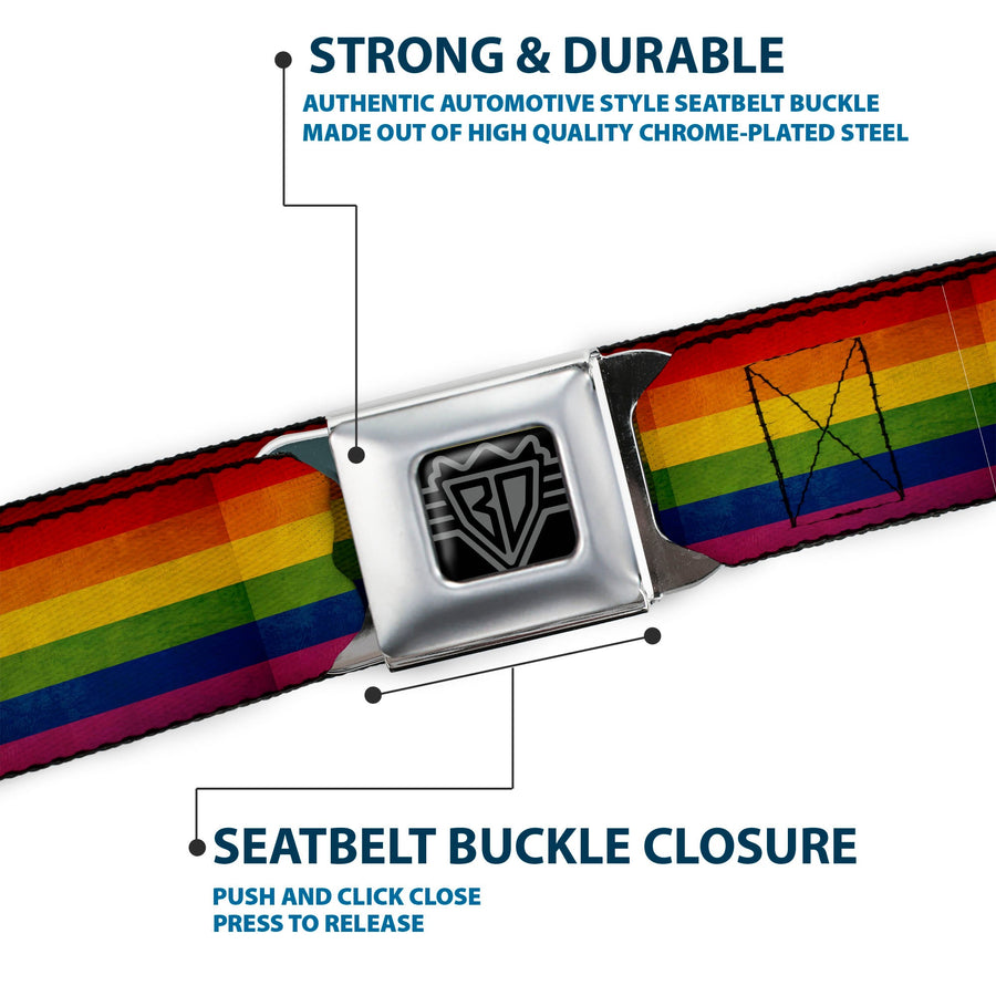 BD Wings Logo CLOSE-UP Full Color Black Silver Seatbelt Belt - Flag Pride Distressed Rainbow Webbing