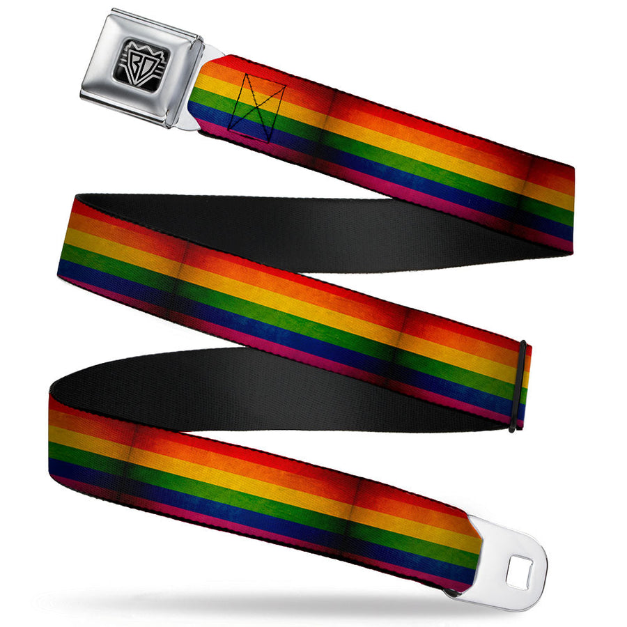 BD Wings Logo CLOSE-UP Full Color Black Silver Seatbelt Belt - Flag Pride Distressed Rainbow Webbing