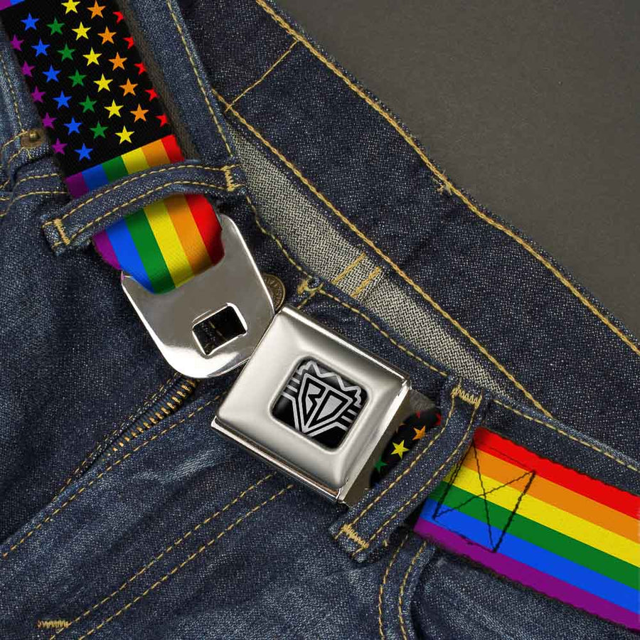BD Wings Logo CLOSE-UP Full Color Black Silver Seatbelt Belt - Flag American Pride Rainbow/Black Webbing