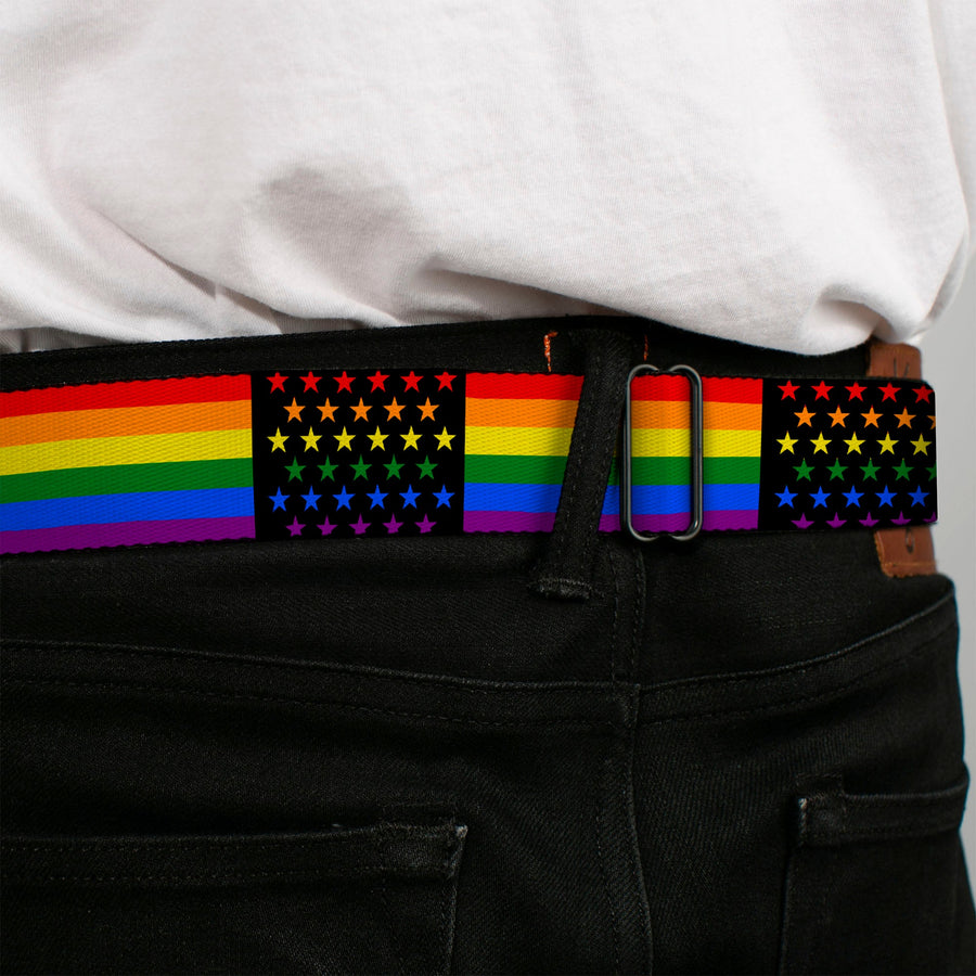 BD Wings Logo CLOSE-UP Full Color Black Silver Seatbelt Belt - Flag American Pride Rainbow/Black Webbing