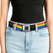 BD Wings Logo CLOSE-UP Full Color Black Silver Seatbelt Belt - Flag American Pride Rainbow/Black Webbing