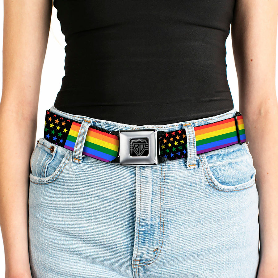 BD Wings Logo CLOSE-UP Full Color Black Silver Seatbelt Belt - Flag American Pride Rainbow/Black Webbing