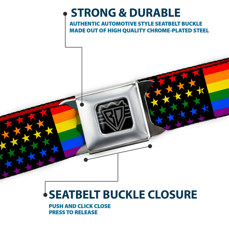 BD Wings Logo CLOSE-UP Full Color Black Silver Seatbelt Belt - Flag American Pride Rainbow/Black Webbing