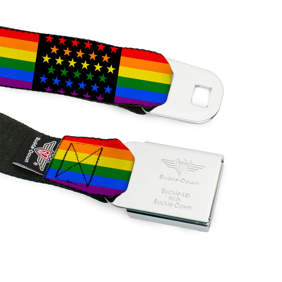 BD Wings Logo CLOSE-UP Full Color Black Silver Seatbelt Belt - Flag American Pride Rainbow/Black Webbing