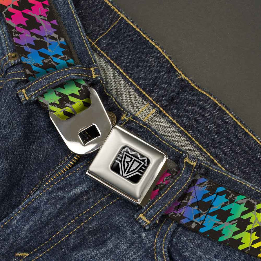BD Wings Logo CLOSE-UP Full Color Black Silver Seatbelt Belt - Houndstooth Black/Rainbow Webbing