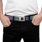 BD Wings Logo CLOSE-UP Full Color Black Silver Seatbelt Belt - Houndstooth Black/Rainbow Webbing
