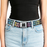 BD Wings Logo CLOSE-UP Full Color Black Silver Seatbelt Belt - Houndstooth Black/Rainbow Webbing