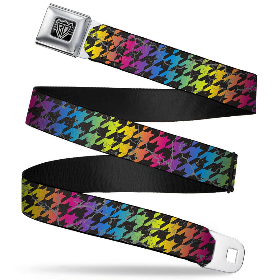 BD Wings Logo CLOSE-UP Full Color Black Silver Seatbelt Belt - Houndstooth Black/Rainbow Webbing