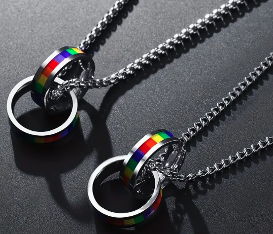 Stainless Steel Rainbow Double Ring LGBTQ Pride Necklace