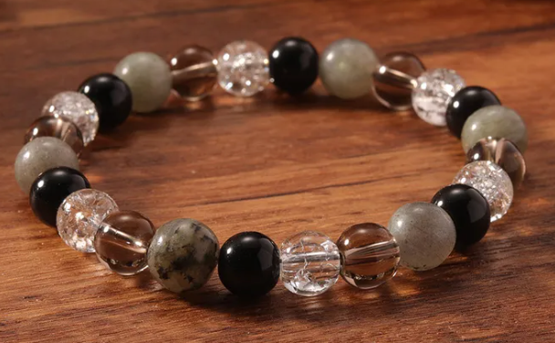 Stress Relief & Grounding Bracelet – Labradorite, Smoky Quartz, Black Obsidian & Clear Quartz (Small–Medium Wrists)