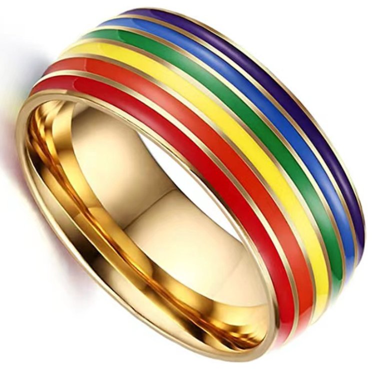 LGBTQ+ Pride Rainbow Stripe Stainless Steel Band Ring – For Every Identity | Gold, Silver & Black Enamel | Pride Jewelry Gift