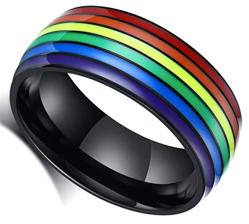 LGBTQ+ Pride Rainbow Stripe Stainless Steel Band Ring – For Every Identity | Gold, Silver & Black Enamel | Pride Jewelry Gift
