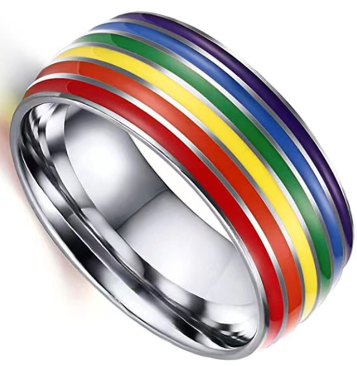LGBTQ+ Pride Rainbow Stripe Stainless Steel Band Ring – For Every Identity | Gold, Silver & Black Enamel | Pride Jewelry Gift