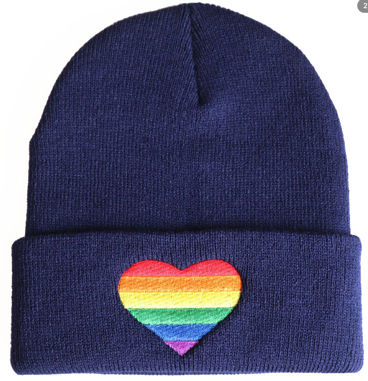 LGBTQ+ Pride Knit Beanie Hat – For Every Identity | Rainbow Heart Winter Beanie | Navy Blue, Red, or Black