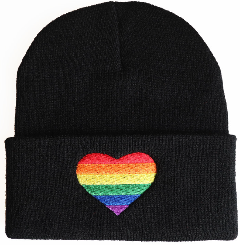LGBTQ+ Pride Knit Beanie Hat – For Every Identity | Rainbow Heart Winter Beanie | Navy Blue, Red, or Black