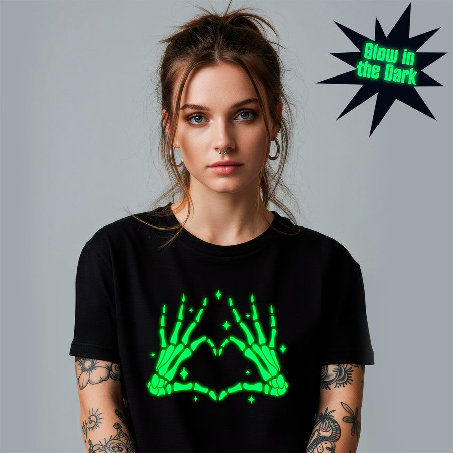 Glow in the Dark Dead Inside Heart Skeleton Hands Black T-Shirt