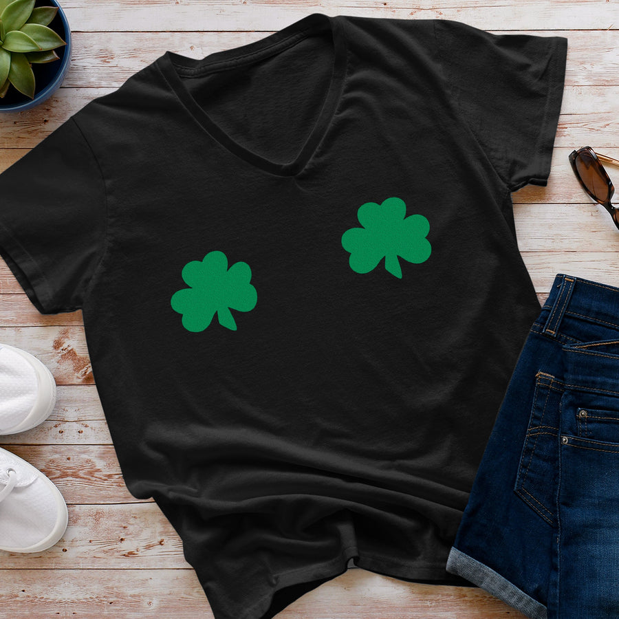 Lucky Green Shamrocks Black V-Neck Boobies T-Shirt