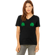 Lucky Green Shamrocks Black V-Neck Boobies T-Shirt