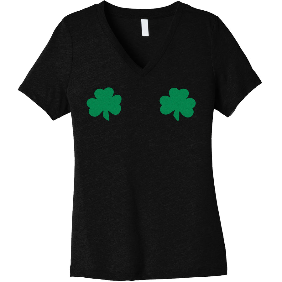 Lucky Green Shamrocks Black V-Neck Boobies T-Shirt