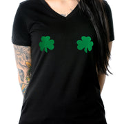 Lucky Green Shamrocks Black V-Neck Boobies T-Shirt